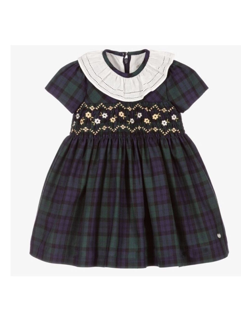 Plaid Dress with Floral Embroidery